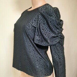 Vintage 80s Blouse Black Ruched Puff Sleeves Womens M Textured Dots